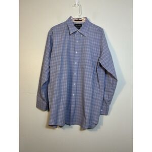 Paul Fredrick‎ Men's Dress Shirt 17.5 35 Blue Pink Plaid 100% Long Fine Cotton